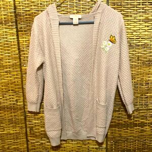 EUC Sweet Stories tan open sweater with hood, monarch butterfly daisies 16 XL